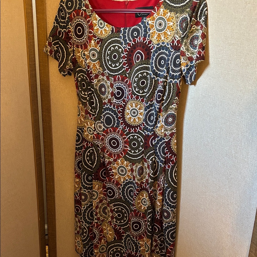 Connected Apparel Red and Yellow Patterned Midi Dress 4P